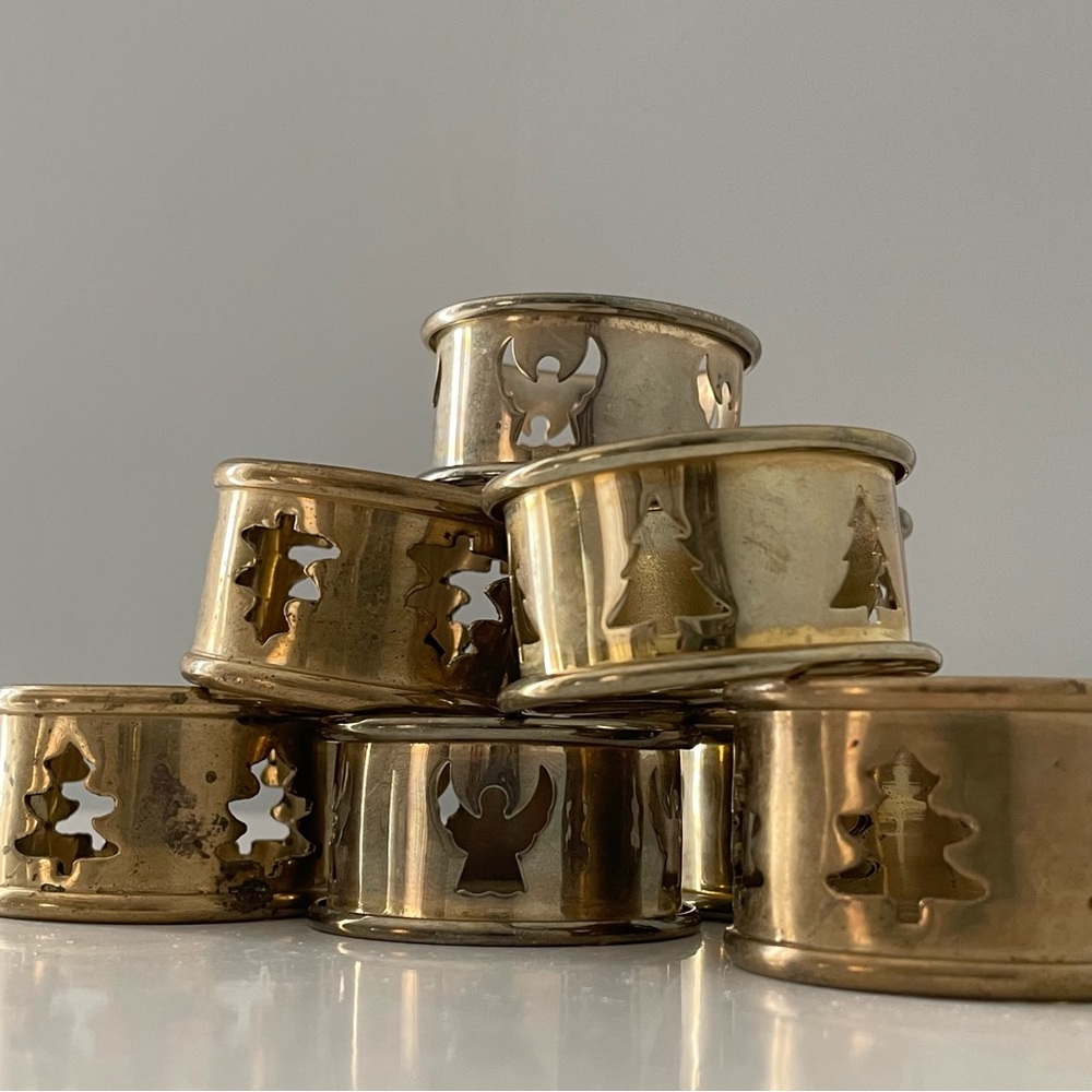 SET of 8 Vintage Brass Napkin Rings - Tree & Angels
